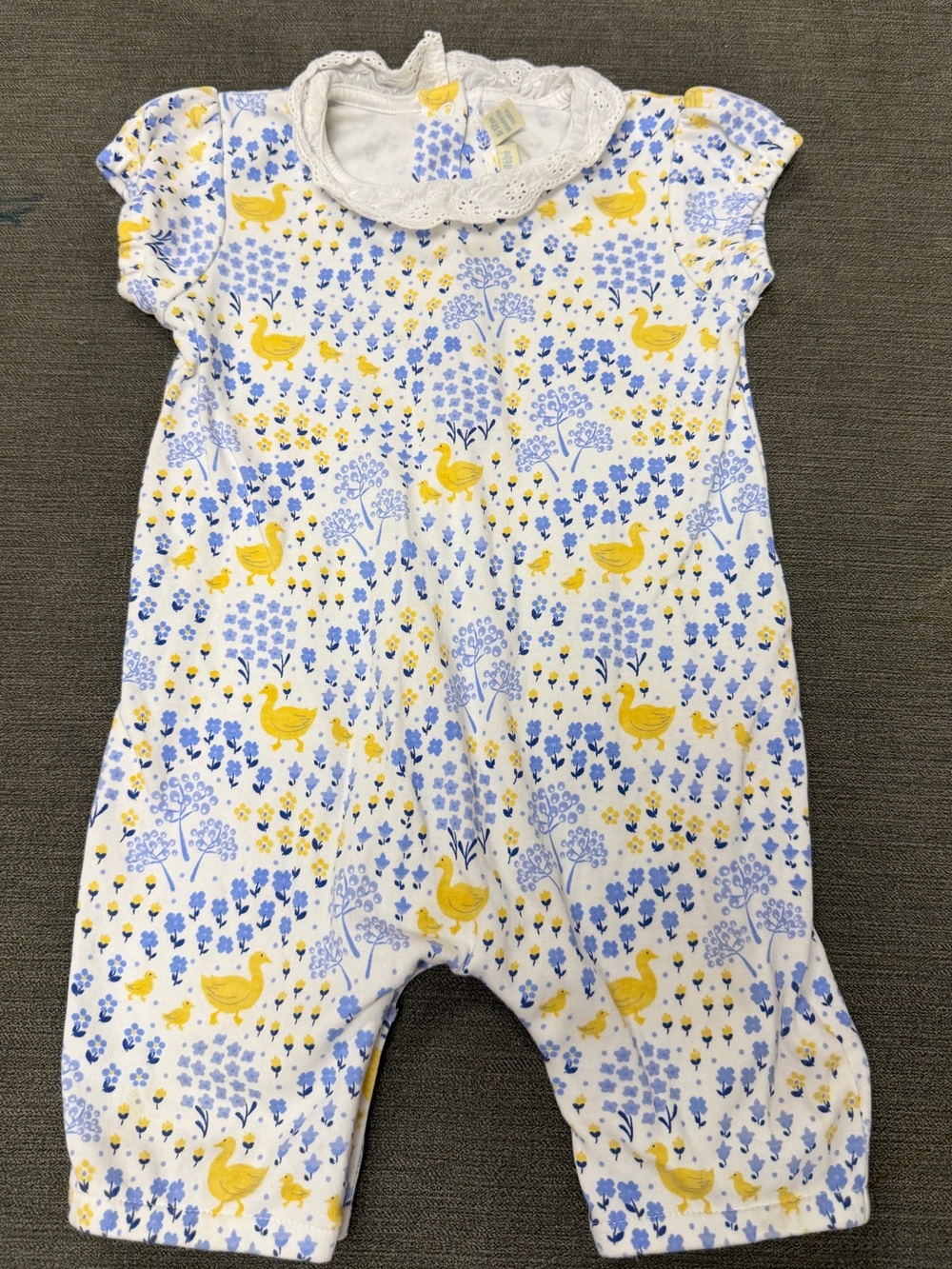 Baby Girls White & Yellow Duck Print One-Piece Romper